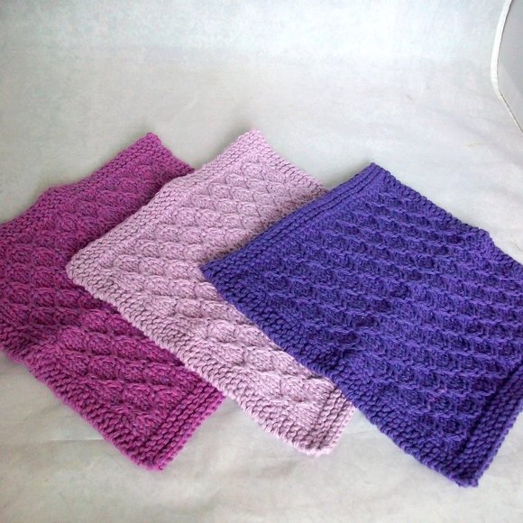 Handmade Purple Knit Cotton Wash Dish cloths Set of 3 - Picture 3 of 6
